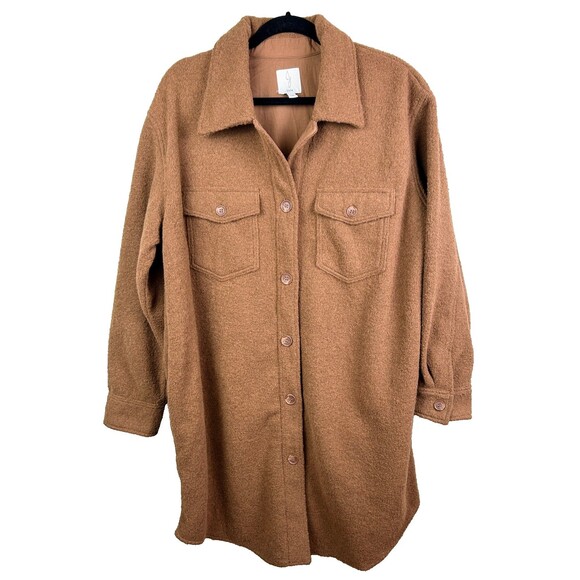 Joie Sherpa Jacket Teddy Shacket Button Front Long Round Hem Camel Brown XL EUC - Picture 1 of 15